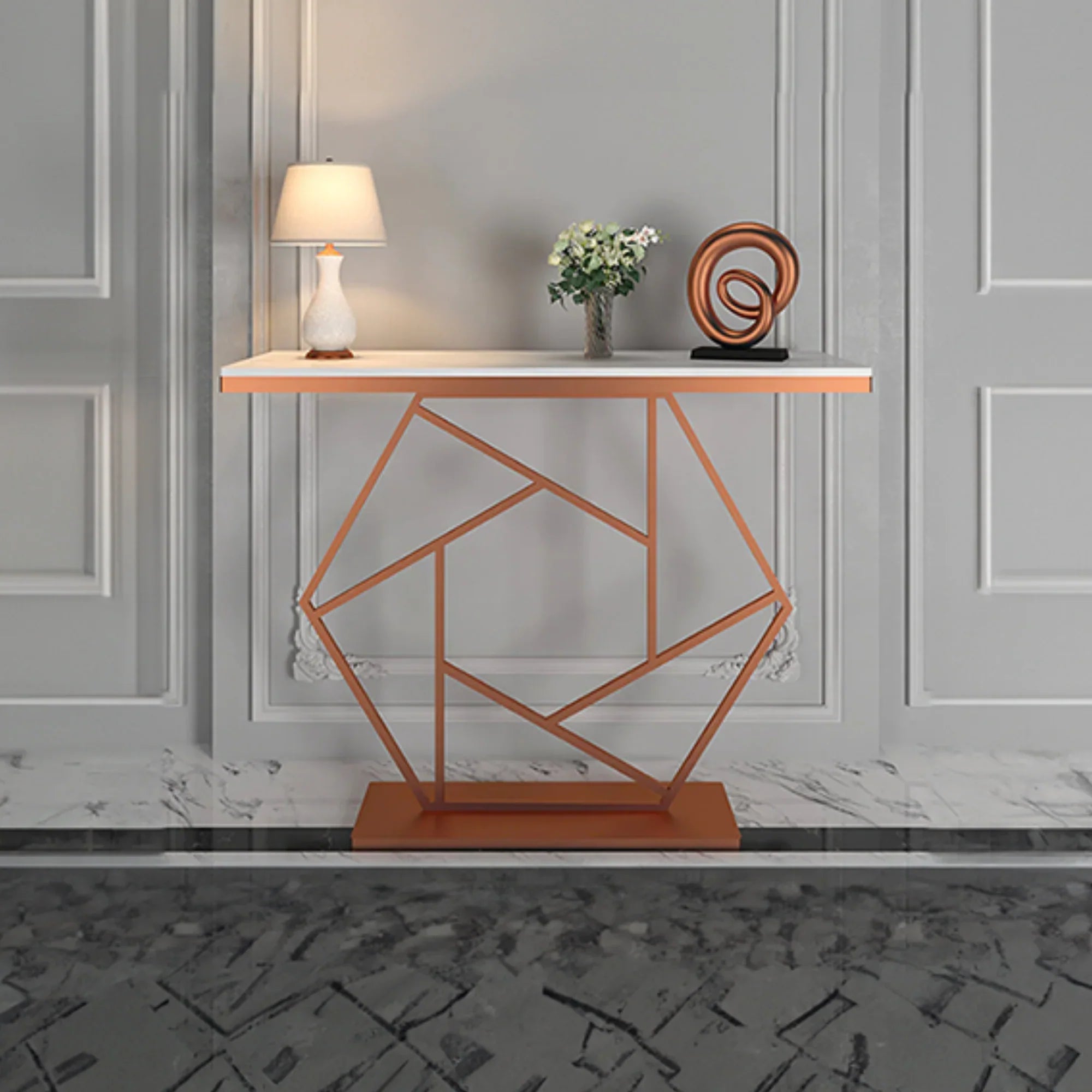 Contemporary Copper Finish Console Table In Hexagonal Design