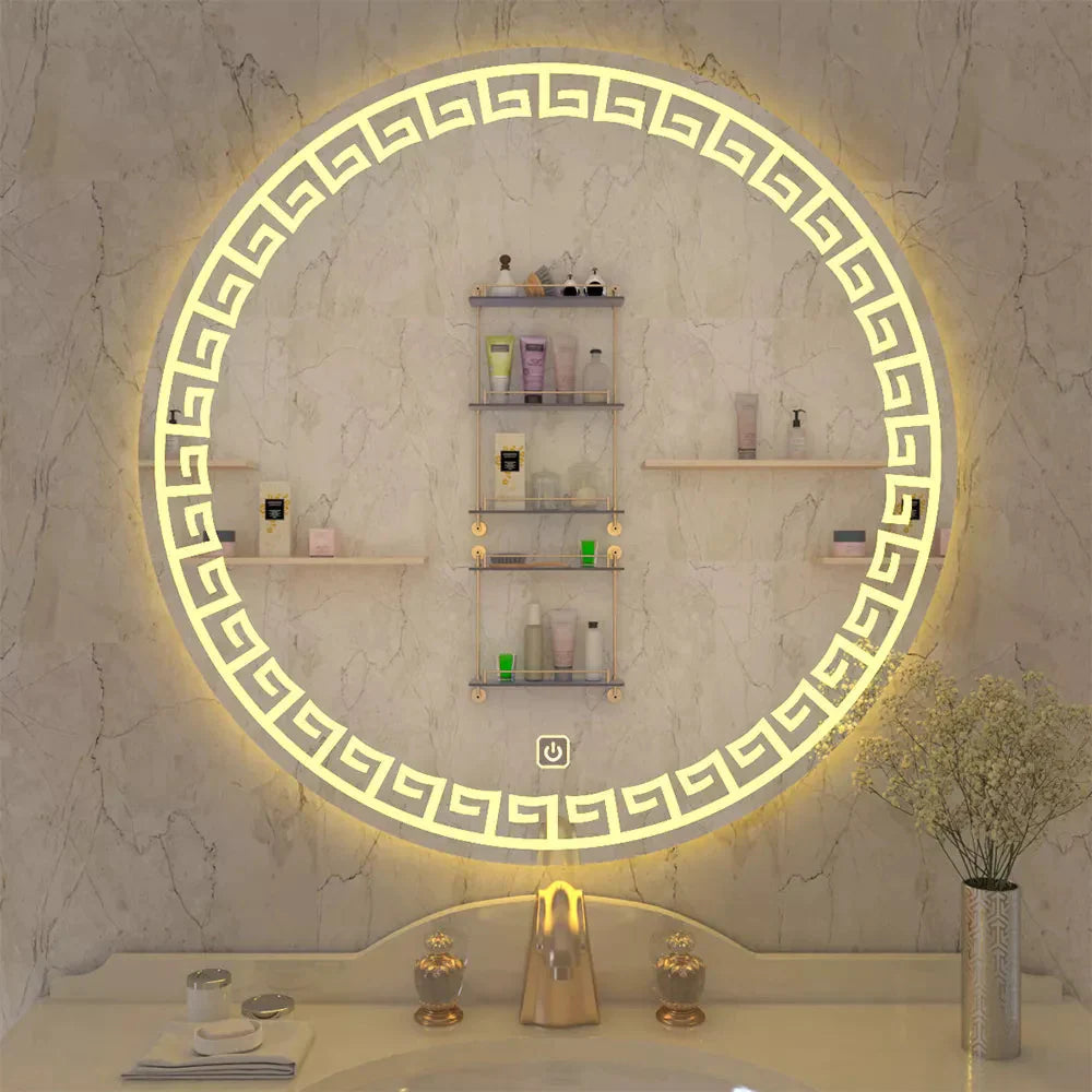 Greek Key Motif LED Round Shape Bathroom Mirror