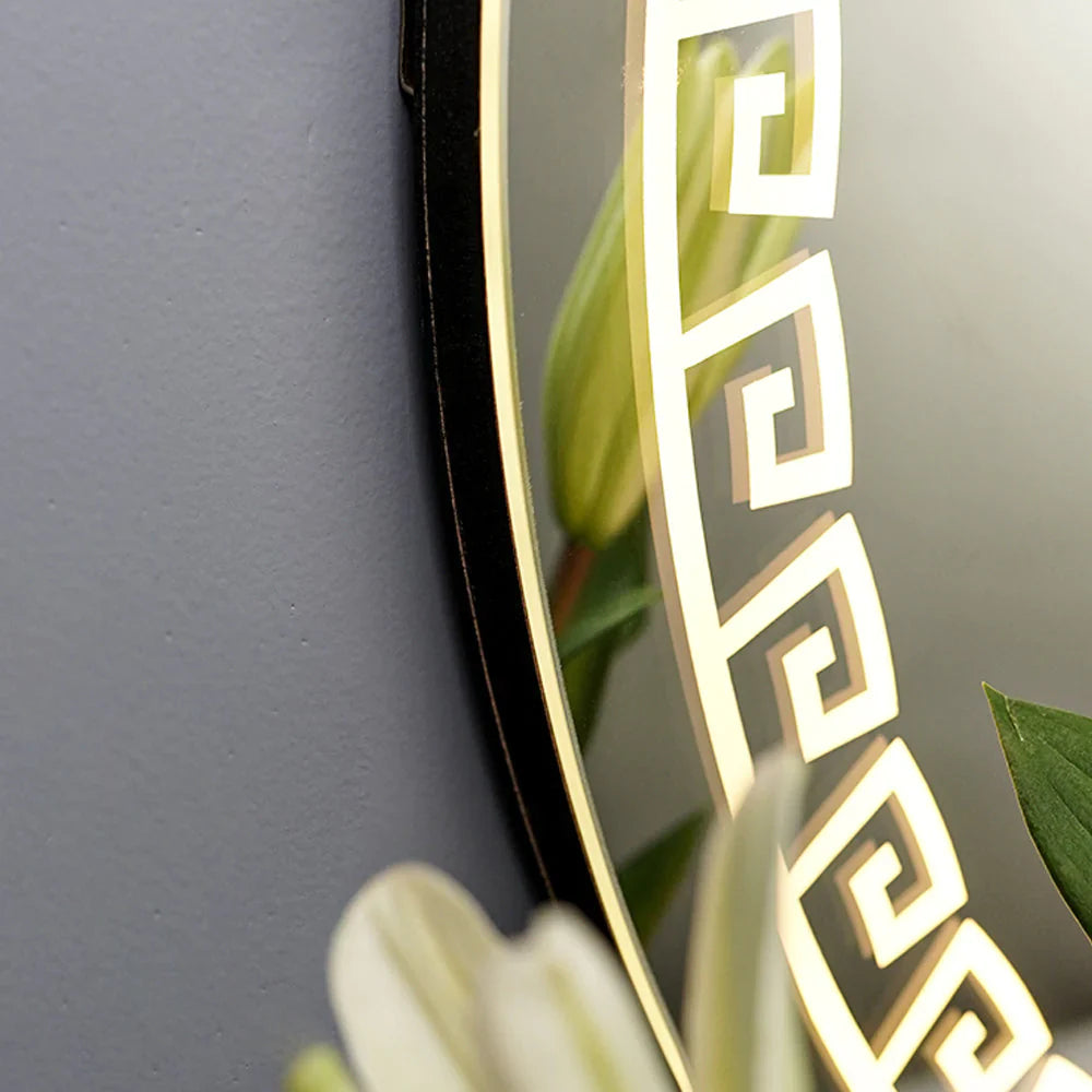 Greek Key Motif LED Round Shape Bathroom Mirror