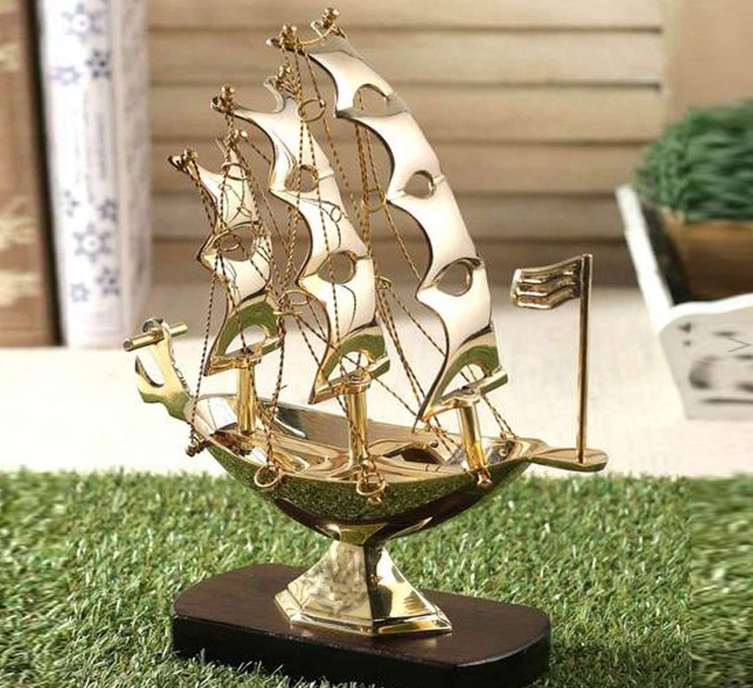 Brass Ship with Wooden Base Showpiece