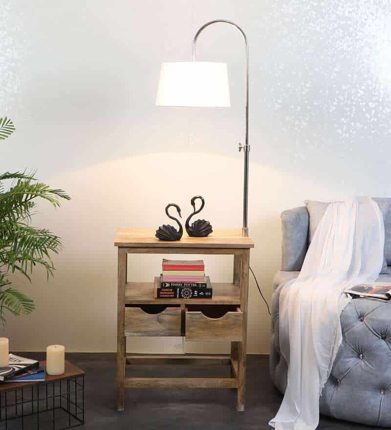 Midwest White Iron Shade Shelf Floor Lamp With Wood Base For Living Room