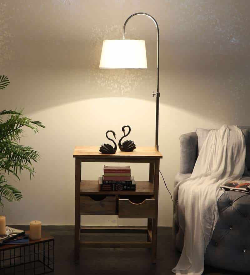 Midwest White Iron Shade Shelf Floor Lamp With Wood Base For Living Room