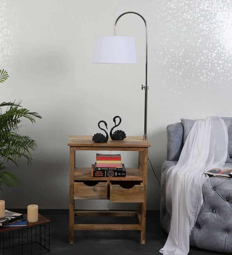 Midwest White Iron Shade Shelf Floor Lamp With Wood Base For Living Room