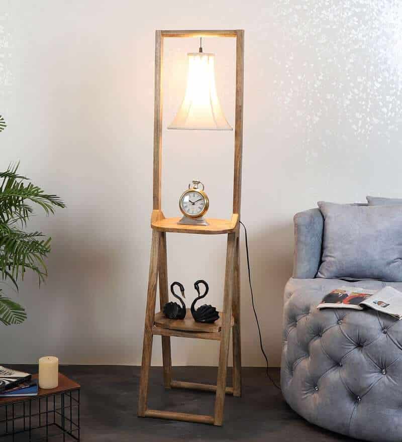 Rectangular Shade Shelf Floor Lamp With Wood Base For Living Room