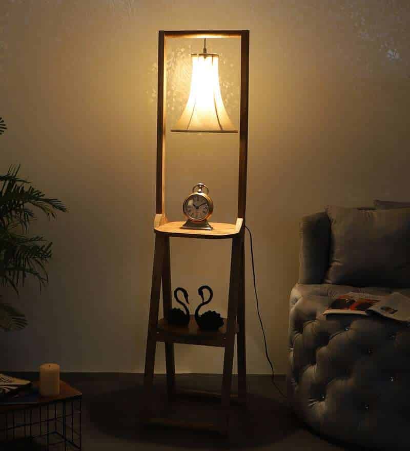 Rectangular Shade Shelf Floor Lamp With Wood Base For Living Room