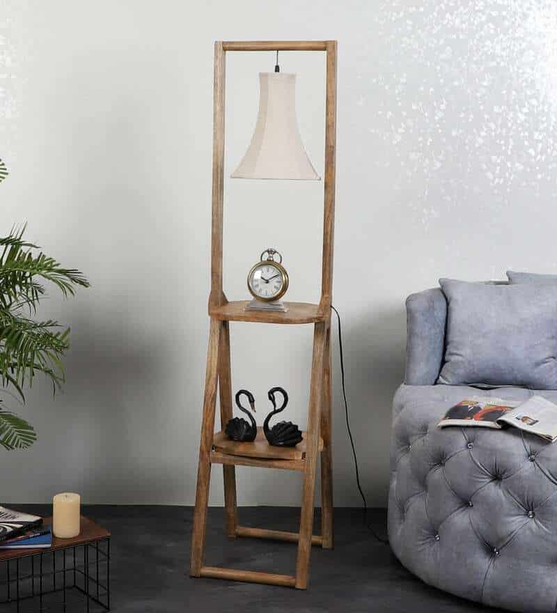 Rectangular Shade Shelf Floor Lamp With Wood Base For Living Room