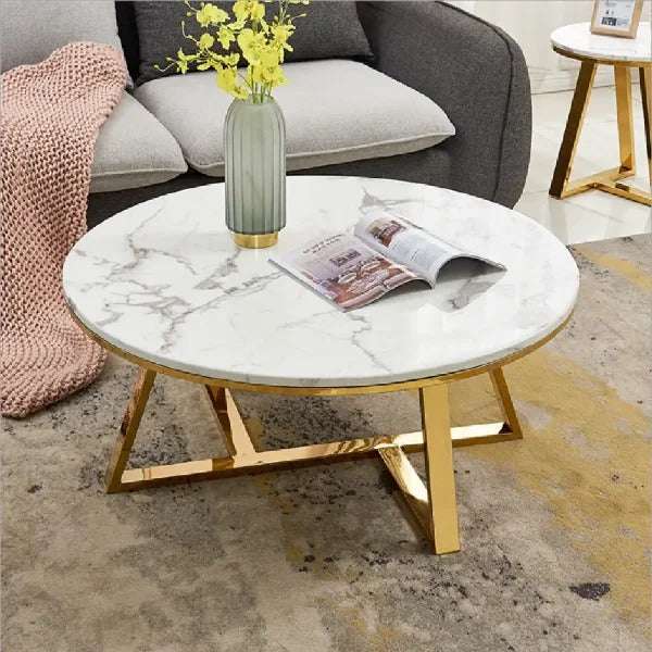 Classic White Round Coffee Table Set of 2 PVD Finish