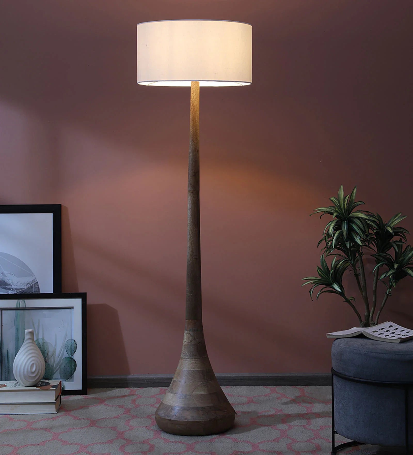 Peony Shade Club Floor Lamp With Wood Base