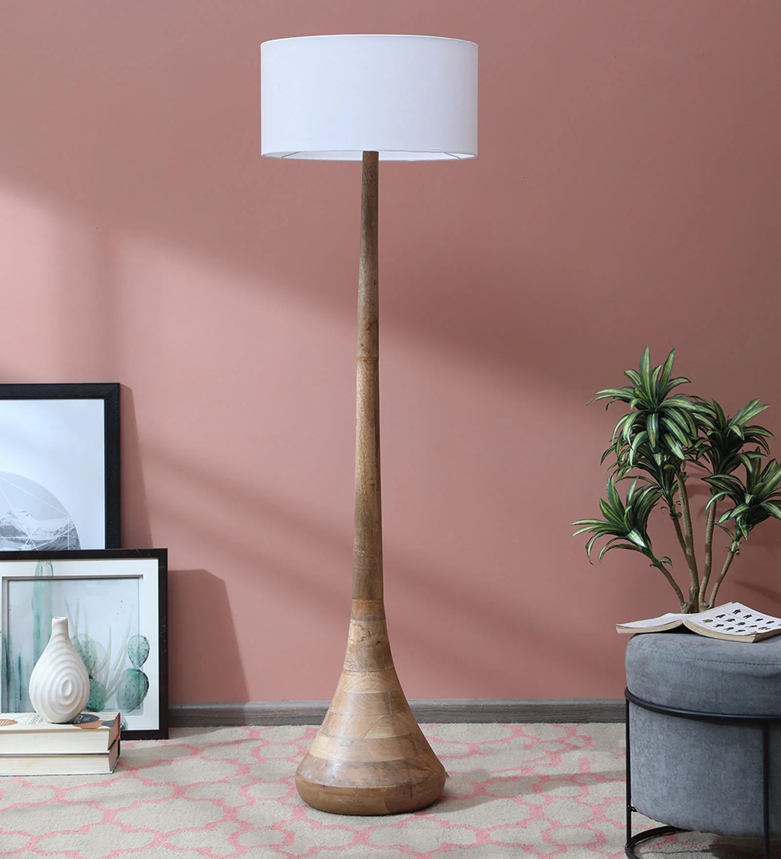 Peony Shade Club Floor Lamp With Wood Base