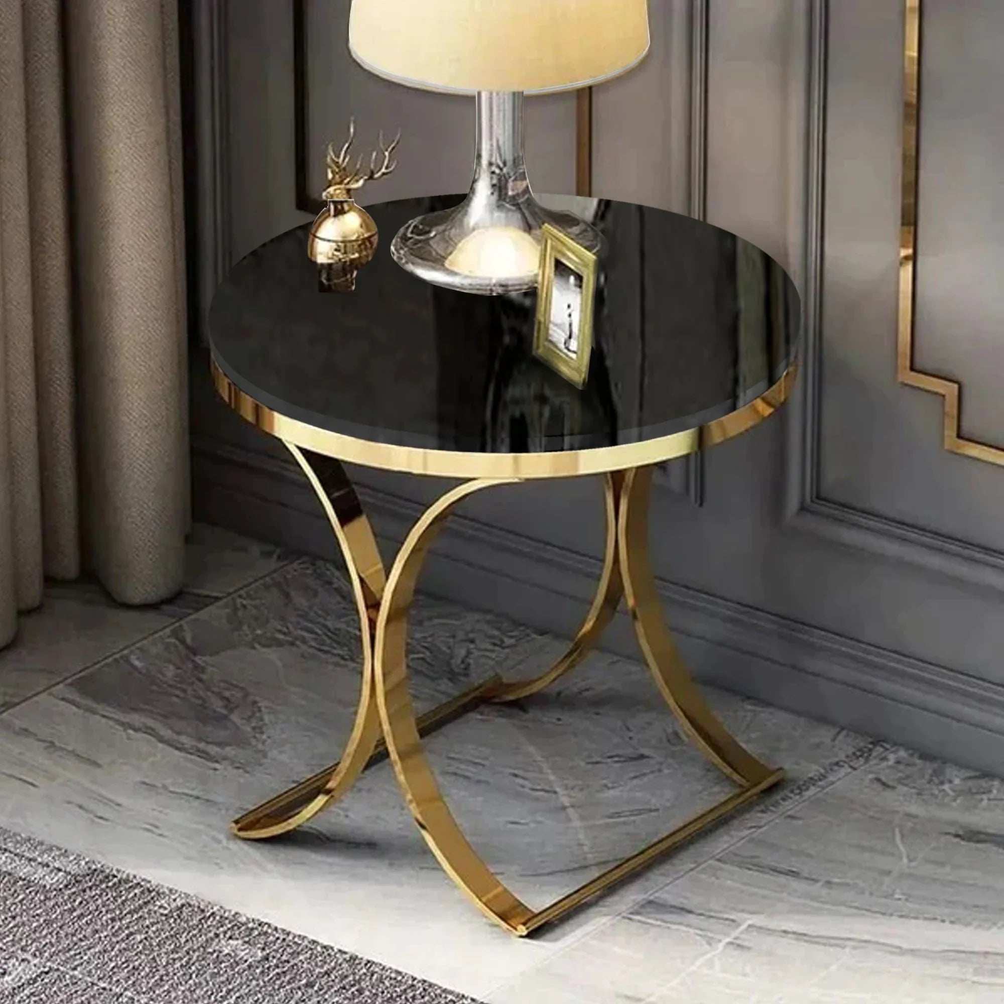 Black Marble Round Side Table (Stainless Steel)