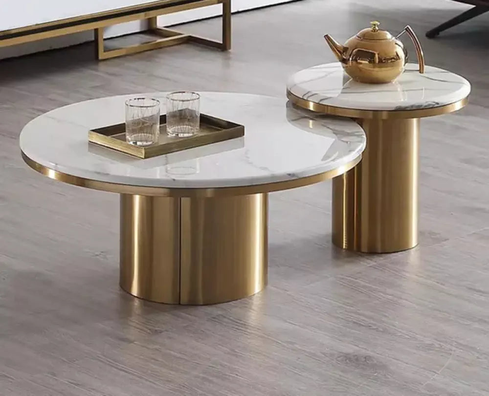 Circular Marble Coffee Table Set of 2 (Stainless Steel)