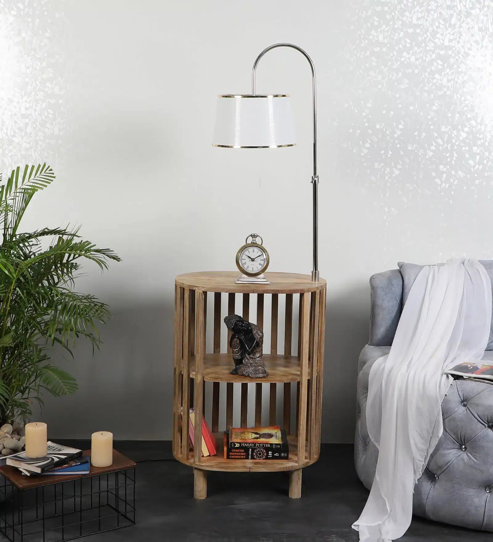 Shelf Floor Lamp With Wood Base For Living Room, Bedroom